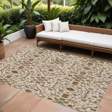 Homeroots 9' X 12' Ivory Brown And Red Floral Washable Indoor Outdoor Area Rug 604599
