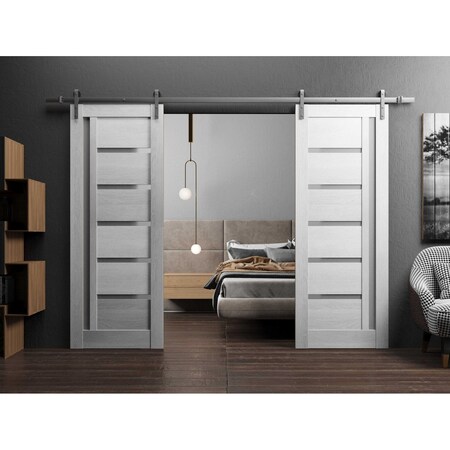 Sartodoors Sturdy Double Barn Door with Frosted Glass Grey 48x96 (2* 24x96) Solid Core Modern Interior QUADRO4088DB-S-OAK-4896