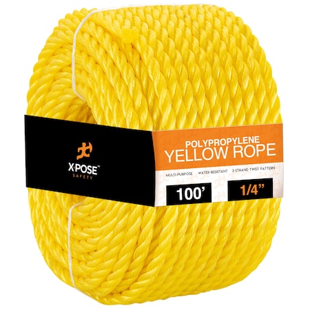 Xpose Safety 1/4in x 100ft Twisted Polypropylene Rope, Yellow YPR14-100-X