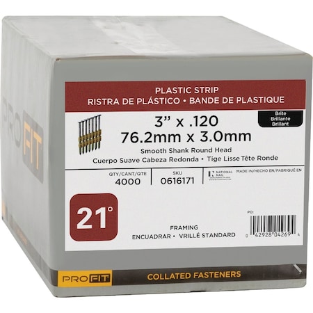 Pro-Fit 3'' x 0.120'' 21 Degree Plastic Strip Smooth Shank Round Head Brite Framing Stick Nails, 4000 Ct. 616171