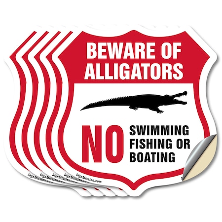 Signmission Alligator Warning Shield Sign Beware Of, 4 inch X 4 inch, Vinyl Decal, 5PK SHI-D-5PACK-4-358