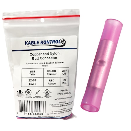 Kable Kontrol Butt Splice Wire Connector, 18 AWG Max, Red, 100 PK NYBC-2218-RD