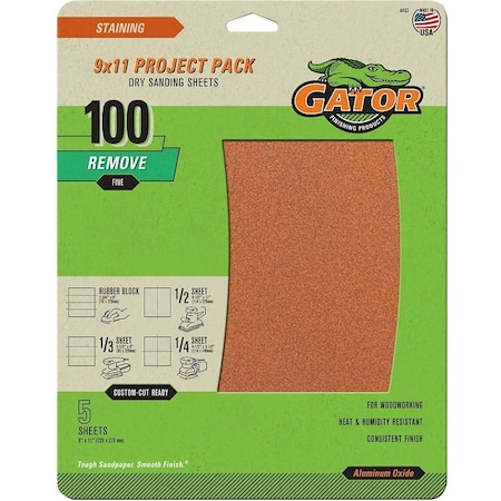 Gator Sanding Sheet, 11 in L, 9 in W, Medium, 100 Grit, Garnet Abrasive, Paper Backing 4463