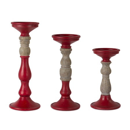 Homeroots Set of Three Red And Natural Ornate Resin Tabletop Pillar Candle Holders, 3PK 516457