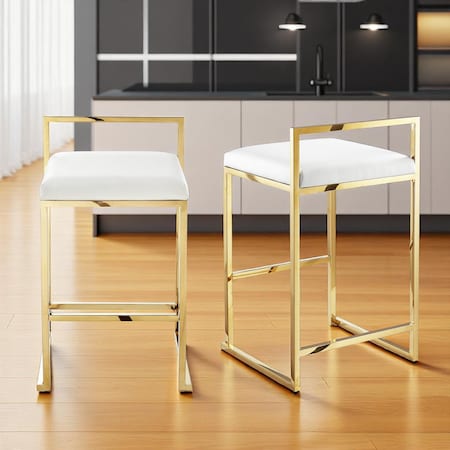 Homeroots Set of Two White and Gold Stainless Steel and Faux Leather Low Back Counter Height Bar Chairs 632343