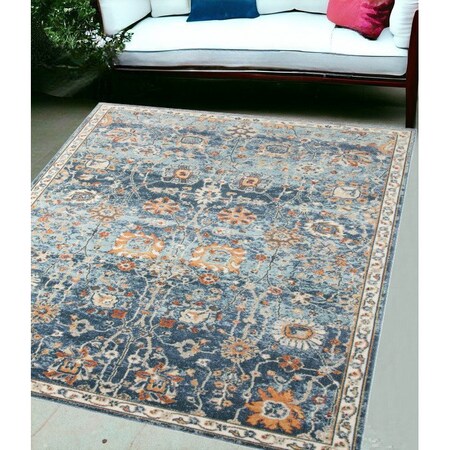 Homeroots 5' X 7' Blue and Orange Floral Stain Resistant Indoor Outdoor Area Rug 531505