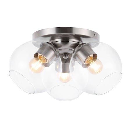 Jonathan Y Iris 11.5" 3-Light Farmhouse Rustic Iron/Glass LED Semi Flush Mount, Nickel/Clear JYL7568B