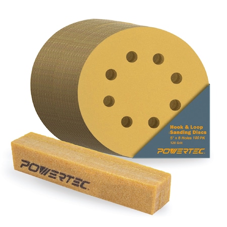 Powertec 5in 8 Hole Hook & Loop Sanding Discs, Aluminum Oxide, 120 Grit, 100PK w/ Abrasive Cleaning Stick 44054GN