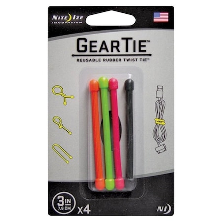 Nite Ize Gear Tie Assortment, 3 in L, Assorted Colors, Rubber, Wire GT3-4PK-A1