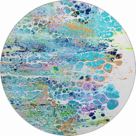 Homeroots 8' Teal Blue Ivory And Gold Round Abstract Washable Indoor Outdoor Area Rug 643561