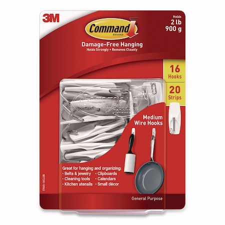 Command General Purpose Wire Hooks, Medium, Metal, White, 2 lb Capacity, 16 Hooks and 20 Strips 17065-16CLUB