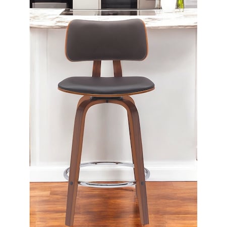 Homeroots 26" Brown And Wood Brown Faux Leather Swivel Low Back Counter Height Bar Chair 534432