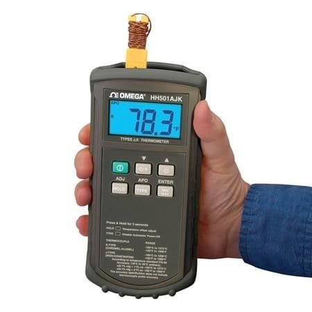 Omega Handheld Digital Thermometer, K & J-type, 9 V, Miniature Connector, 1-CH, (0.1 % rdg +1 degC), -50 HH501AJK