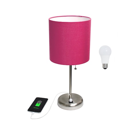 Homeroots 20" Silver Metal USB Table Lamp LED With Pink Drum Shade 643243