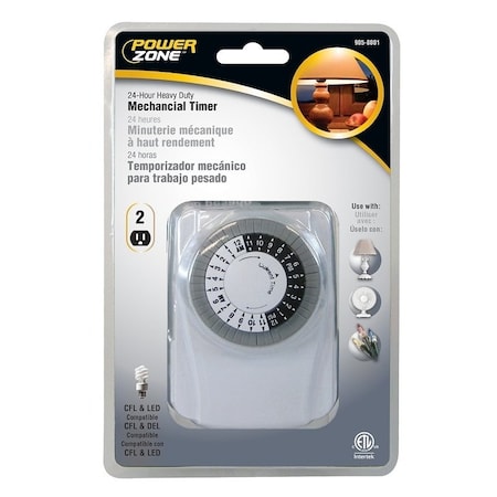 Powerzone Electromechanical Timer, 15 A, 125 V, 1875 W, 2-Outlet, 24 hrs Time Setting, White TNI2423