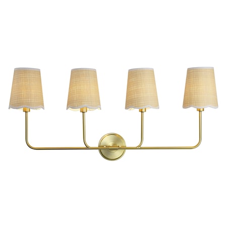Jonathan Y Lila 36.5" 4-Light Traditional Coastal Scalloped Fabric Shade/Metal LED Vanity Light, Brass Gold/Brow JYL1610A