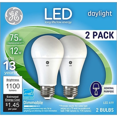 Ge Light Bulb, General-Purpose, A19 Lamp, 75 W Equivalent, Medium Lamp Base, Dimmable, Daylight, 2PK 93127670