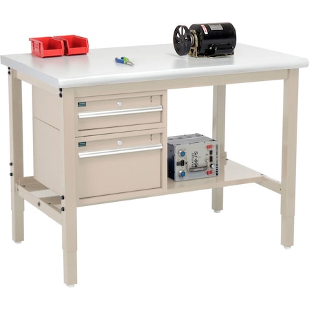 Global Industrial 48 x 36 Production Workbench - Laminate Safety Edge - Drawers and Shelf - Tan 319293TN