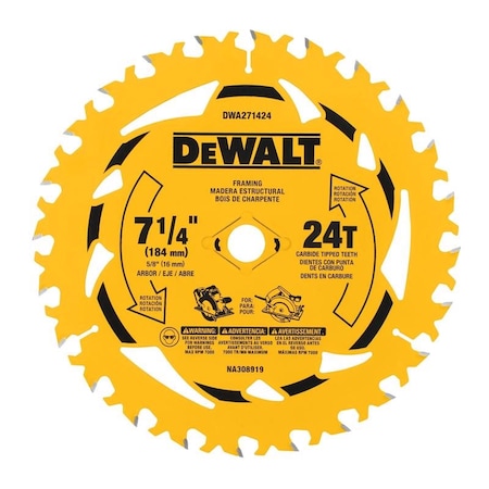 Dewalt 7-1/4 in. D X 5/8 in. Tungsten Carbide Tipped Circular Saw Blade Set 24 teeth 2 pk, 2PK DWA271424PK2