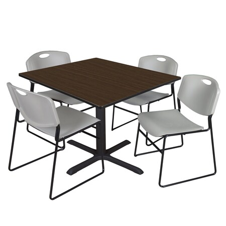 Regency Square Cain Breakroom Table W/ 4 Zeng Stack Chairs, 48 in W, 48 in L, Neo Walnut TB4848NW44GY