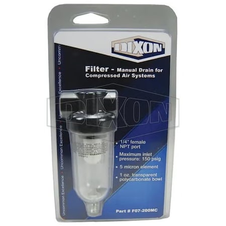 Dixon Compact Design Carded Miniature Compressed Air Filter with Manual Drain, 1/4 in Port, 24 SCFM, 5 mic F07-200MC
