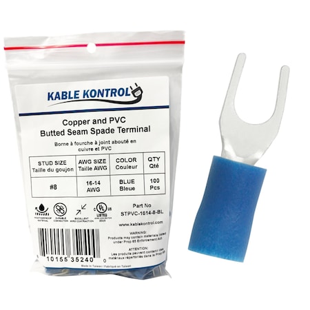 Kable Kontrol Fork Terminal, #8 Stud Size, 14 AWG, Blue, 100 PK STPVC-1614-8-BL