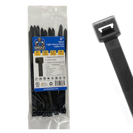 Grizzly Supply Cable Tie, 8 in L, 120 lb Strength, 2.2 in Max Bundle Dia, Nylon 6/6, UV Resistant, Black, 15PK GS-LHD8-120-0N