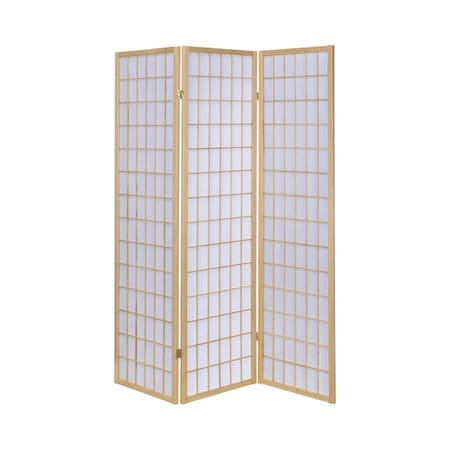 Benjara 70.25 x 52 x 0.75 in. 3 Panel Foldable Wooden Frame Room Divider with Grid Design, Brown BM233240