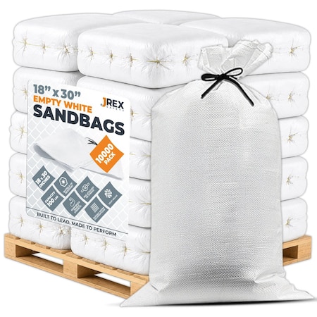 Jrex Safety Woven White Polypropylene Sandbags - 18 x 30 in, 100 lb Capacity, Pallet (10,000) SBW-JR-1830-FP10000