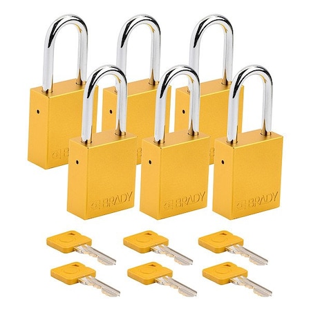 Brady Padlock, Keyed Alike, Aluminum, Yellow, 1 1/2 in Shackle Height, 1 1/2 in Body Width, 6 PK SDAL-YLW-38ST-KA6