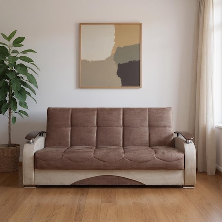 Homeroots 84" Brown Microfiber Convertible Futon Sleeper Sofa And Toss Pillows With Storage 607207