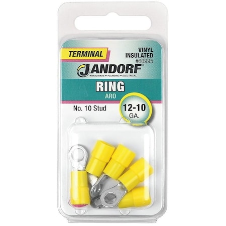 Jandorf Ring Terminal, 12 to 10 AWG Wire, #10 Stud, Vinyl Insulation, Copper Contact, Yellow 60995