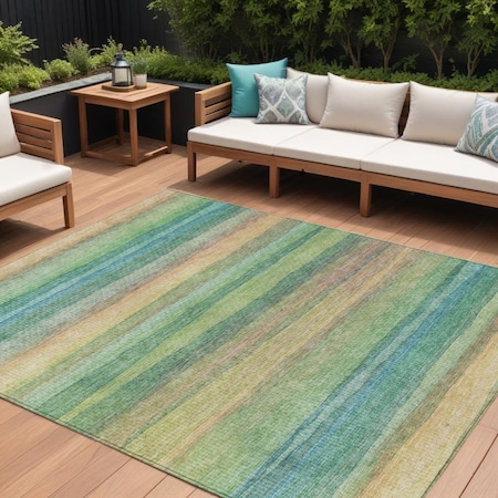 Homeroots 9' X 12' Artichoke Green Peach And Teal Blue Striped Washable Indoor Outdoor Area Rug 631195