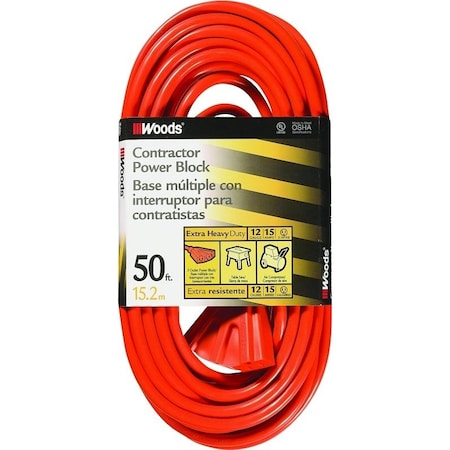 Southwire Extension Cord, 12 AWG, Outdoor, 3 Outlets, Orange, Vinyl, 50 ft 819