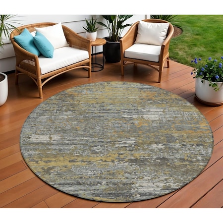 Homeroots 8' Gold And Taupe Round Abstract Washable Indoor Outdoor Area Rug 610434