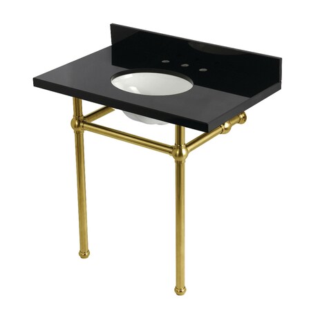 Kingston Brass 36" Black Granite Console Sink with Brass Legs, 8-Inch, 3-Hole, Black Granite/Brushed Brass KVPK36KB7