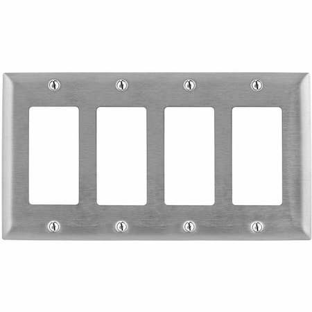 Hubbell Wiring Device-Kellems Wallplates and Boxes, Metallic Plates, 4- Gang, 4) GFCI Openings, Standard Size, Stainless Steel SS264