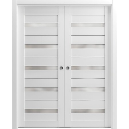 Sartodoors Sliding French Double Pocket Doors with Frosted Glass White 72x84 (2* 36x84) Solid Core QUADRO4445DP-WS-7284