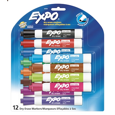 Expo Low Odor Dry Erase Markers, Chisel Tip, Assorted Colors, 12PK 80699