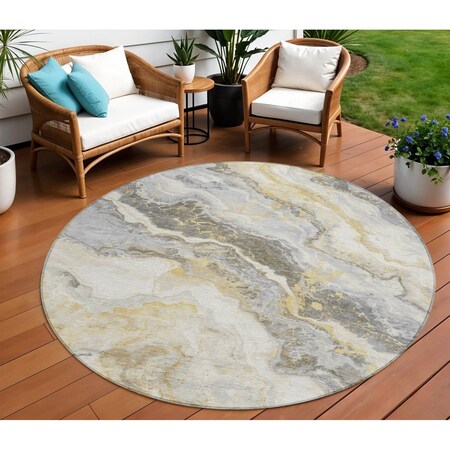 Homeroots 8' Gold And Silver Round Abstract Washable Indoor Outdoor Area Rug 618426