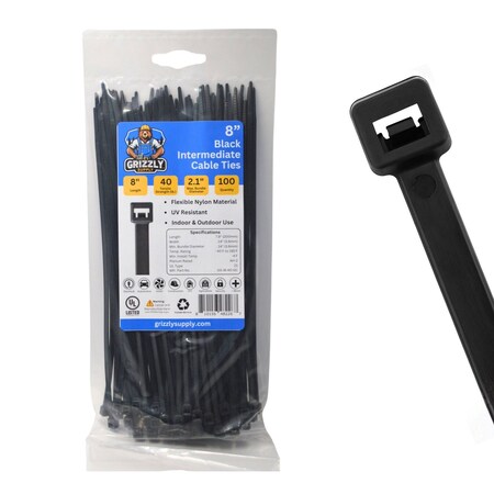 Grizzly Supply Cable Tie, 8 in L, 40 lb Strength, 2.2 in Max Bundle Dia, Nylon 6/6, UV Resistant, Black, 100PK GS-I8-40-0C