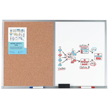 Aarco Al Frame Combination Board Bulletin Board Next to a Melamine Marker Board, 24''Hx36''W WDCO2436