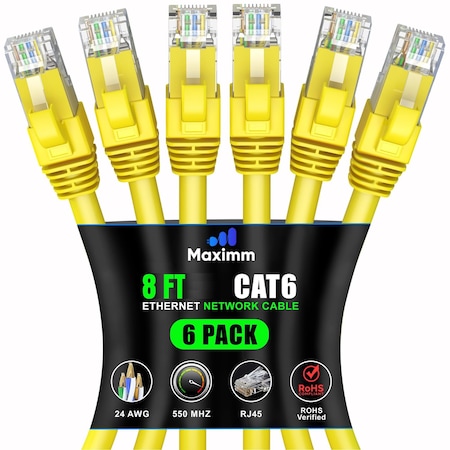 Maximm Cat6 Ethernet Cable 8ft 10Gbps 550MHz UTP, 6PK, Yellow, 6PK CAT6CCA-8YL-6PK