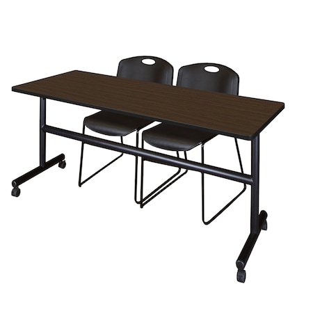 Regency Kobe Flip-Top Training Nesting Table W/ 2 Zeng Stack Chairs, 72 in W, 24 in L, Neo Walnut MKFT7224NW44BK