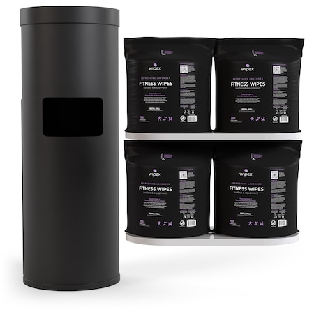 Wipex Natural Fitness Wipes 700ct Bundle, 4 Rolls + Black Floor Dispenser w/ Trash Can, Fresh Lavender WX72220BFD4FN