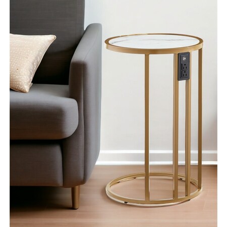 Homeroots 25" White and Gold Faux Marble and Iron Round C Table End Table And USB Port 543902