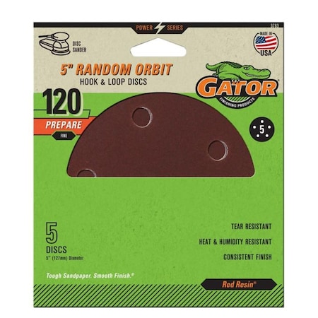 Gator Finishing Red Resin 5 in. Random Orbit Hook and Loop Sanding Discs, 120 Grit, Fine, 5PK 3783