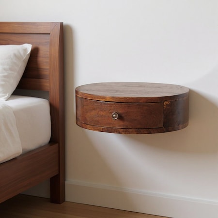 Homeroots 16" Brown Solid Wood One Drawer Round Floating Nightstand 651497
