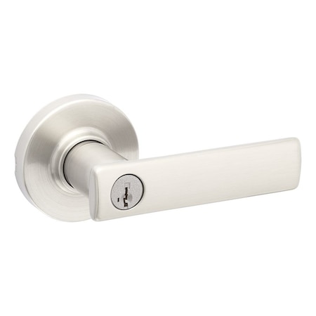 Kwikset Breton Lever with Round Rose Entry Door Lock SmartKey with 6AL Latch, RCS Strike Satin Nickel Finish 405BRNLRDT-15S