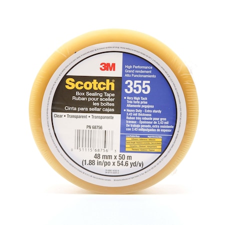 Scotch Packing Tape, 3.4 mil Thick, 2 in W x 50 m L, 3 in Core Dia., Clear 355